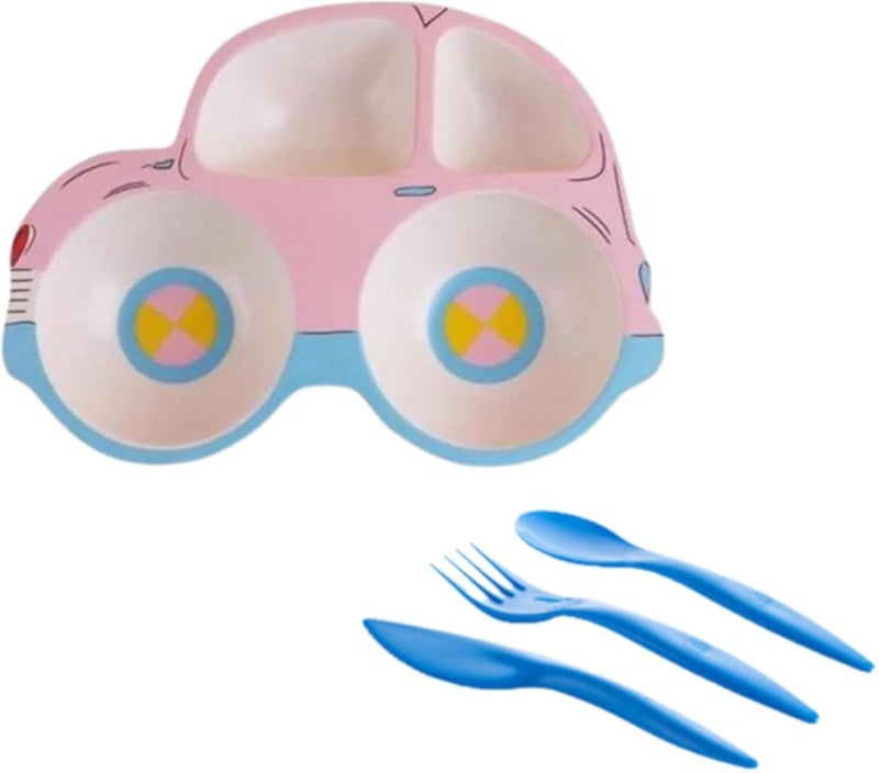 طقم أوعية وأدوات مائدة للأطفال على شكل سيارة مصنوعة من ألياف الخيزران بألوان عشوائية، خالٍ من مادة BPA، طقم عشاء من 4 قطع مع ملعقة وشوكة وسكين بلاستيكية، طبق للتغذية وصديق للبيئة للاستخدام الخارجي (وردي وأزرق فاتح).